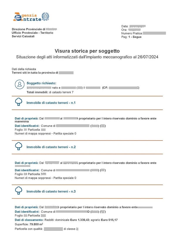 Visura catastale storica per persona fisica